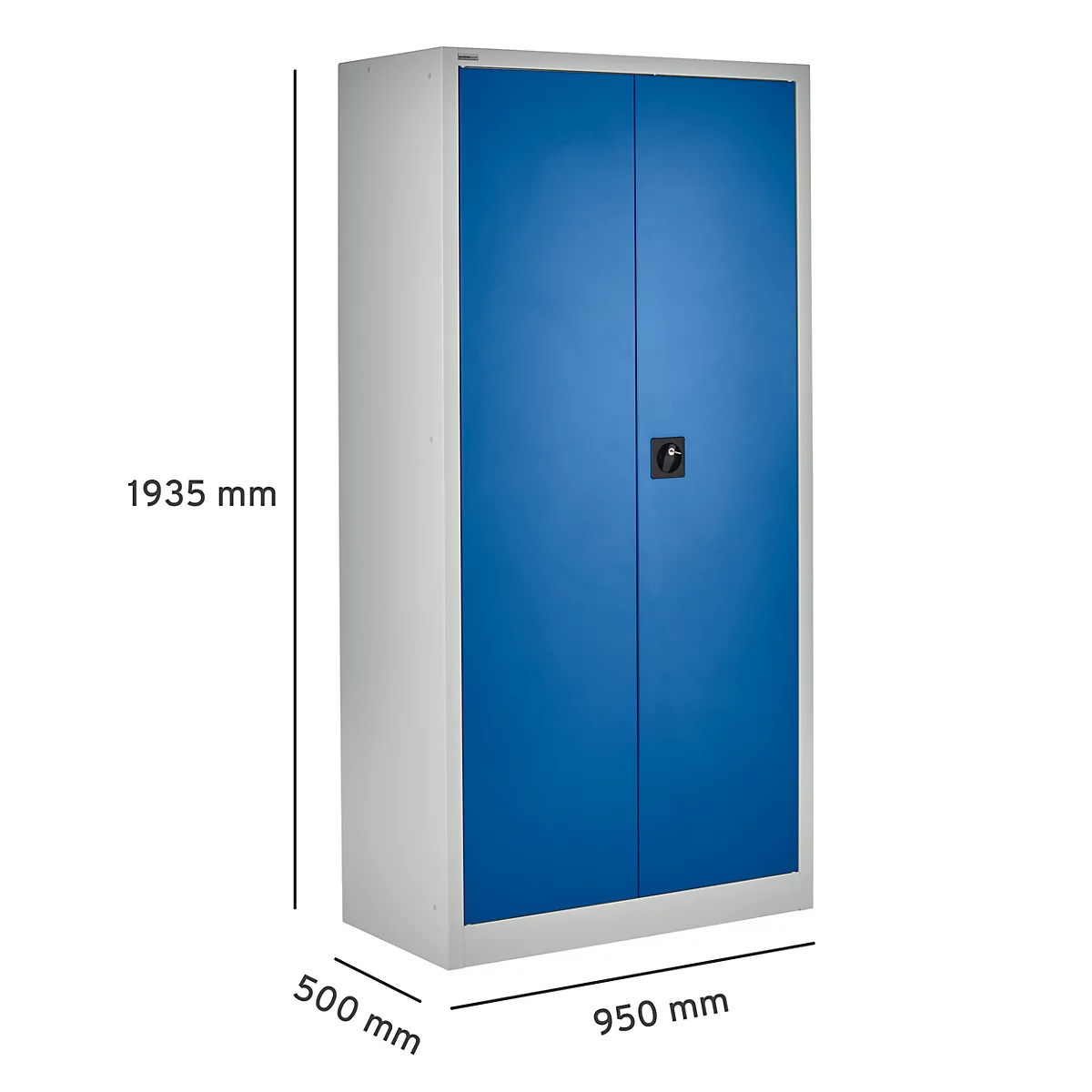 Blauw-grijze metalen kast met dubbele deuren. Afmetingen: 1935 x 950 x 500 mm, zwarte handgreep.