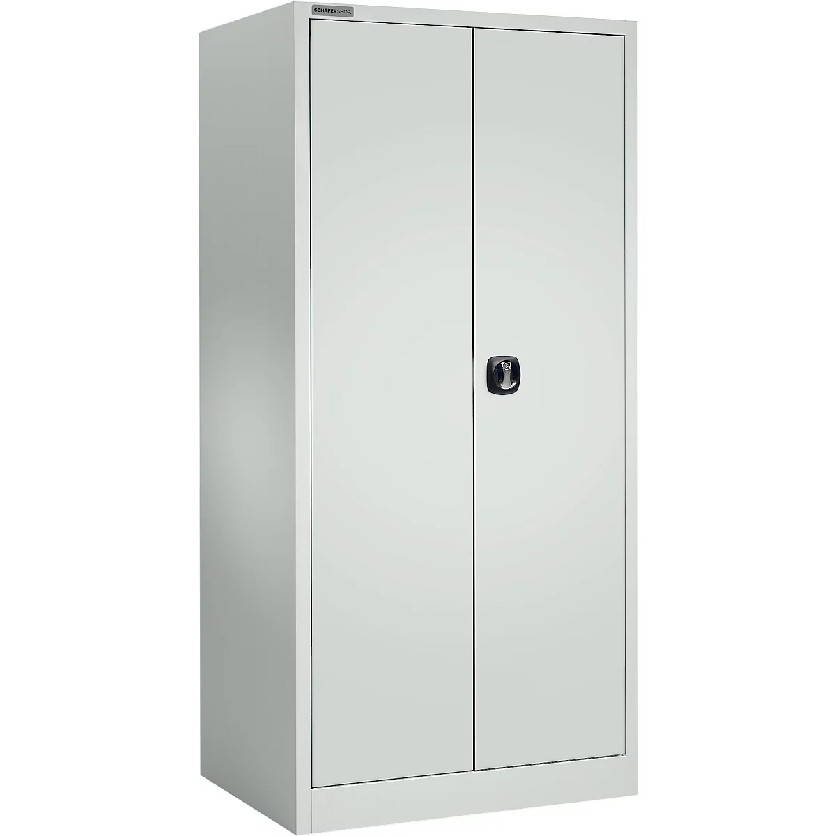 Grijze metalen kast met twee deuren en een zwarte handgreep. Een bord is bevestigd aan de bovenkant van de kast.