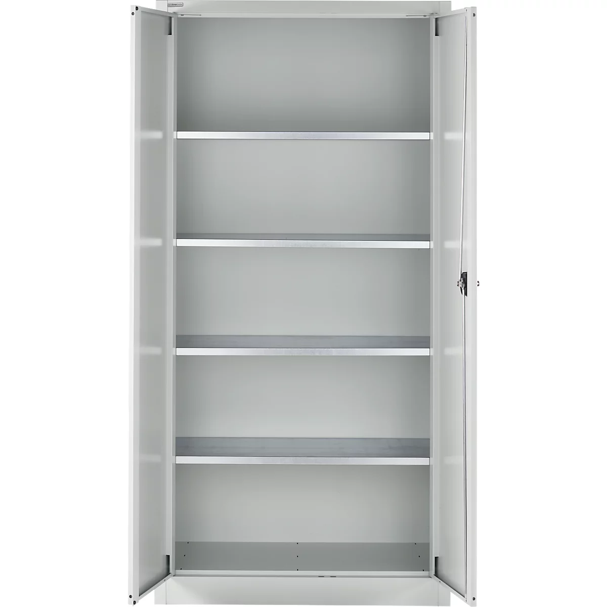 Een open, lege kast met meerdere planken. De deuren staan open.