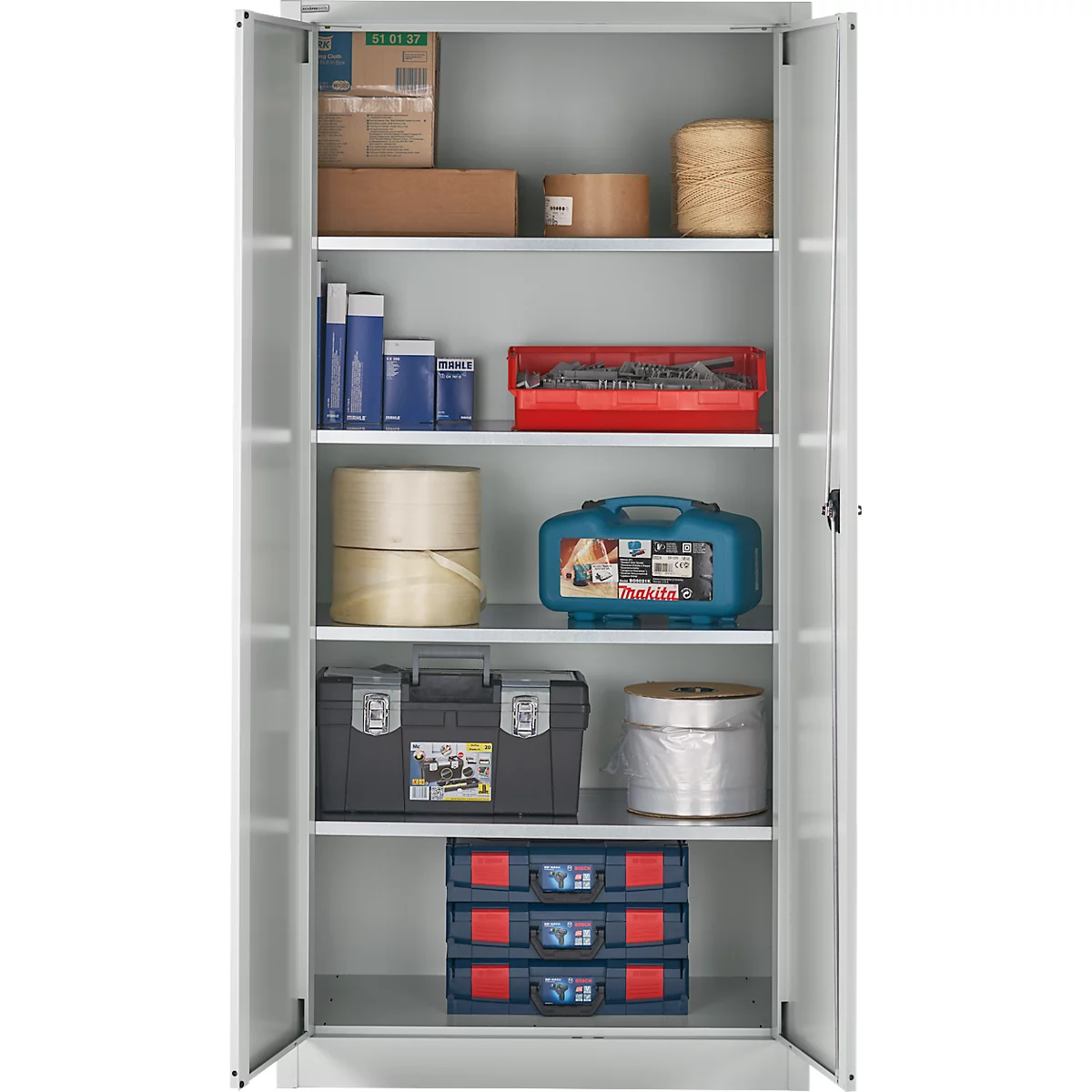 Open gereedschapskast met gereedschap en accessoires, netjes gerangschikt op planken.