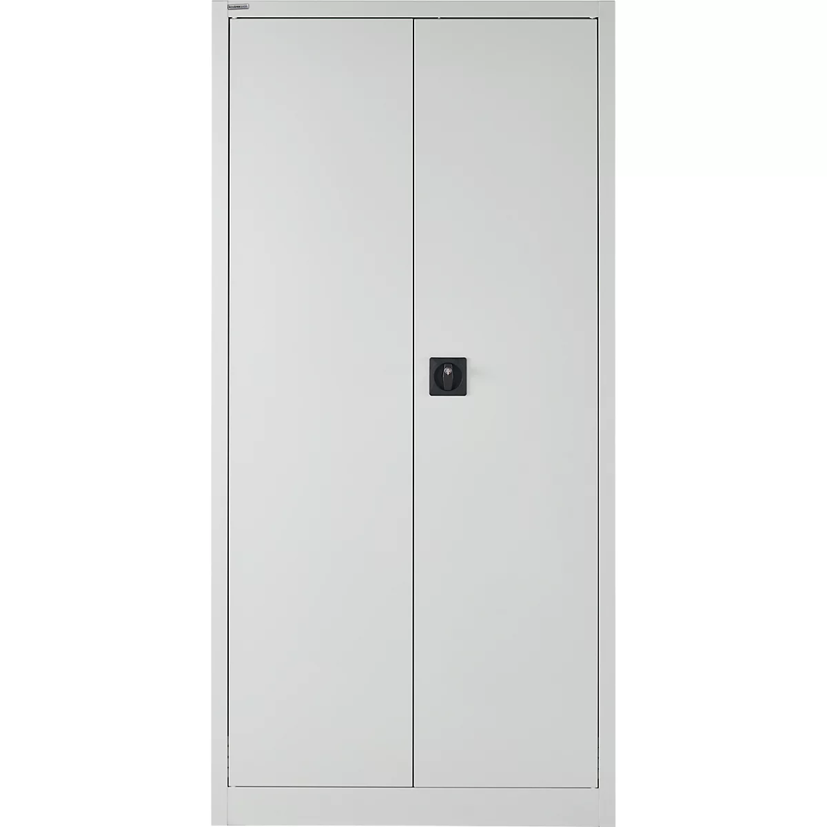 Een witte kast met twee deuren en een zwarte handgreep.