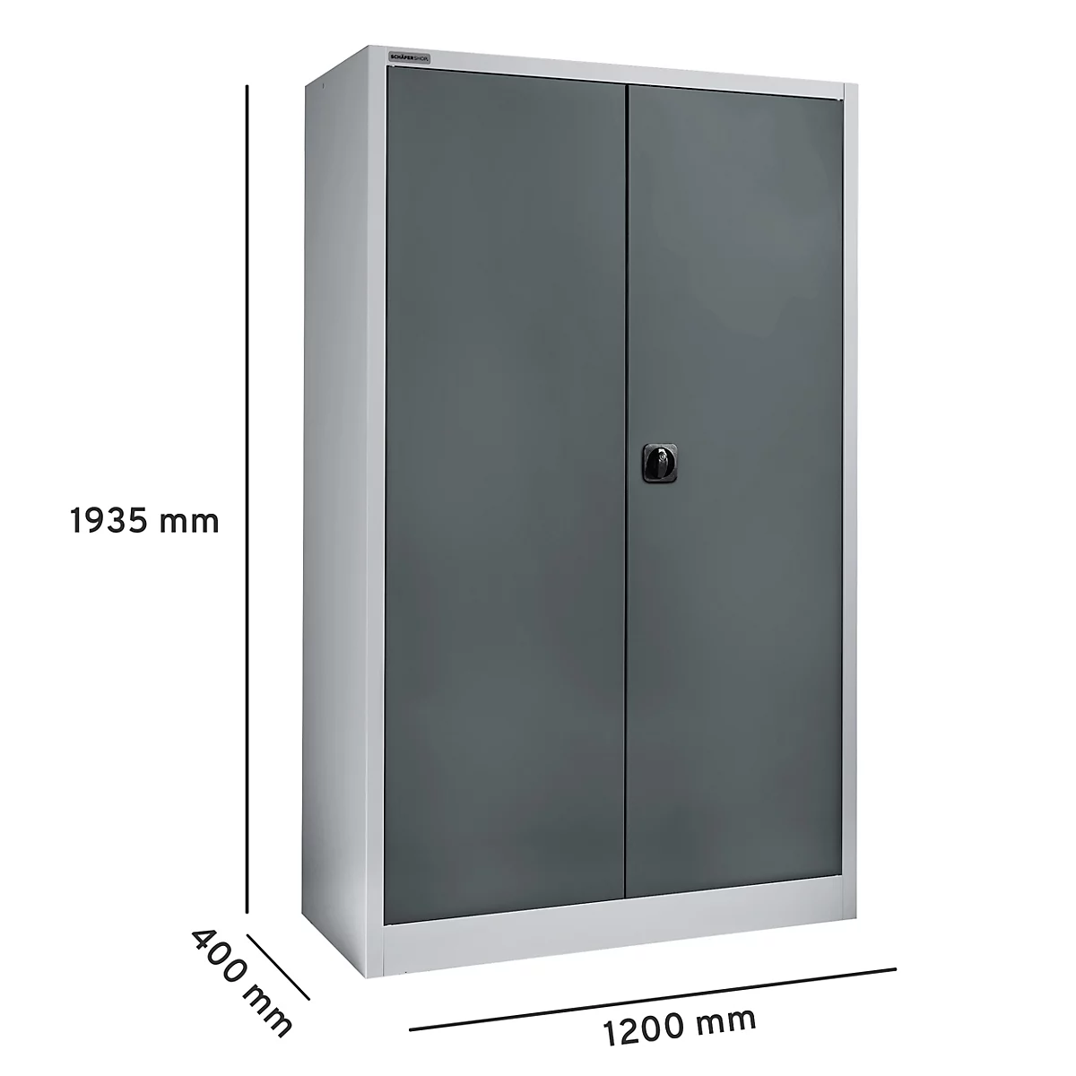 Grijze stalen kast met twee deuren, afmetingen 1935 mm hoog, 1200 mm breed, 400 mm diep. Zwarte deurklink.