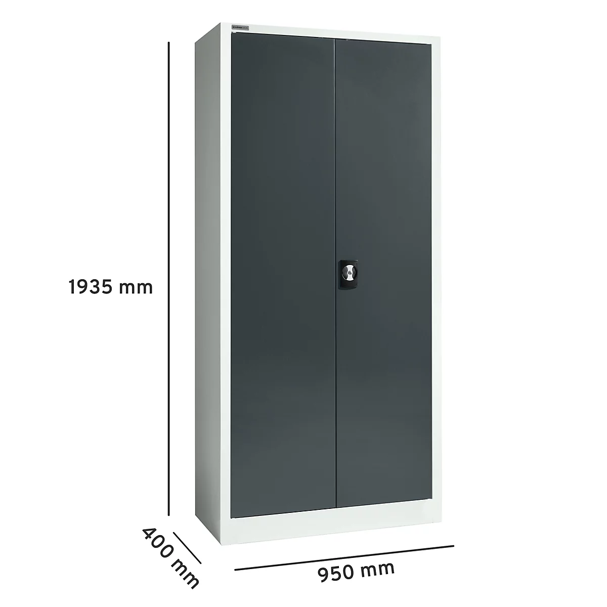 Grijze stalen kast met twee deuren. Afmetingen: 1935 mm hoog, 400 mm diep, 950 mm breed.