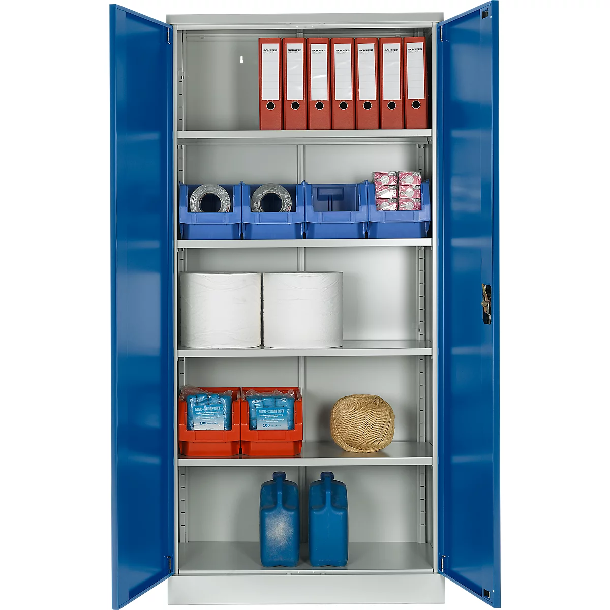 Materiaalkast - stalen - afsluitbaar - 5 OH - B 950 x D 400 x H 1935 mm - 4 verzinkte legborden - lichtgrijs/gentiaanblauw - ons merk Schäfer Shop Select