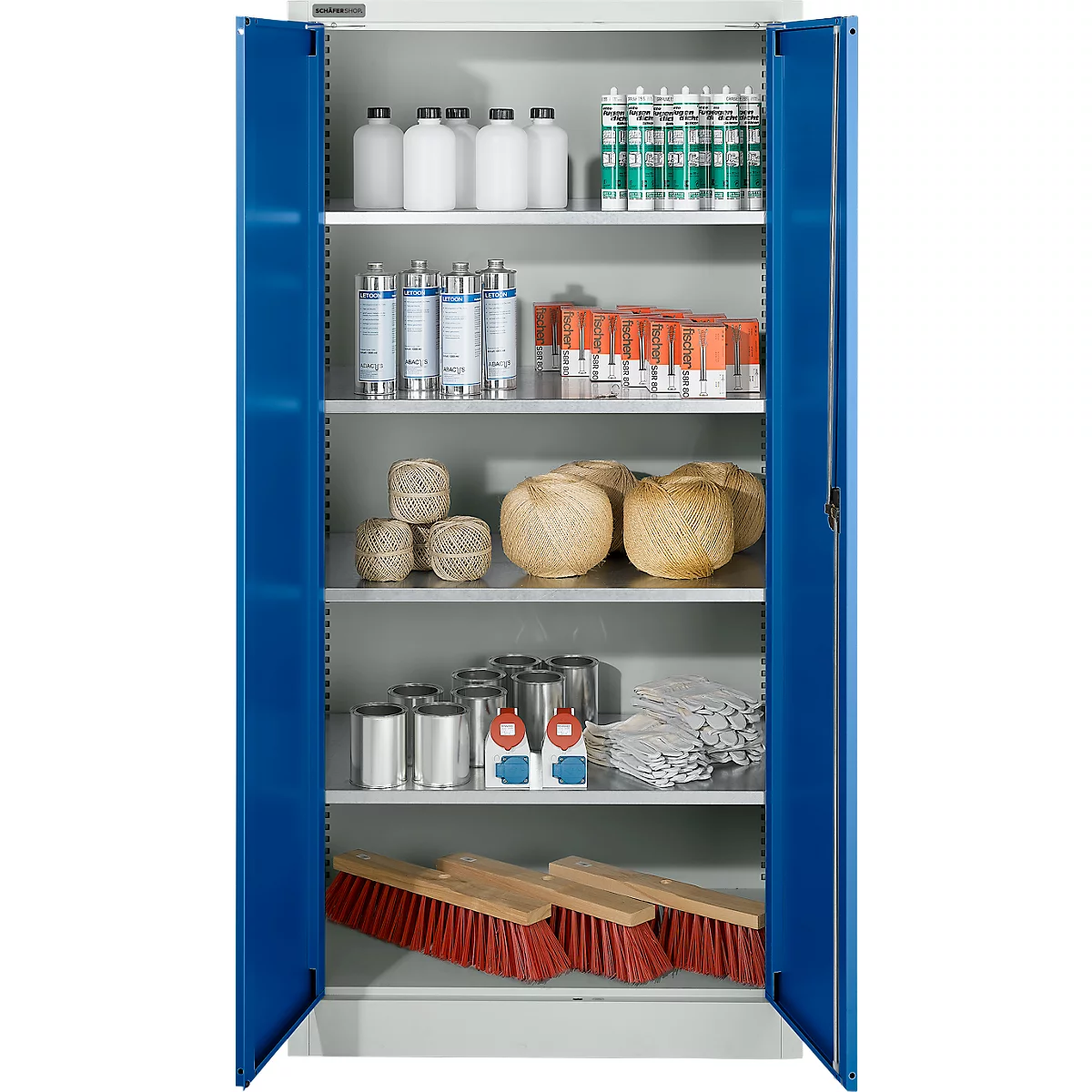 Materiaalkast - stalen - B 950 x D 400 x H 1935 mm - 4 legborden - afsluitbaar -lichtgrijs RAL 7035/gentiaanblauw RAL 5010 - ons merk Schäfer Shop Pure