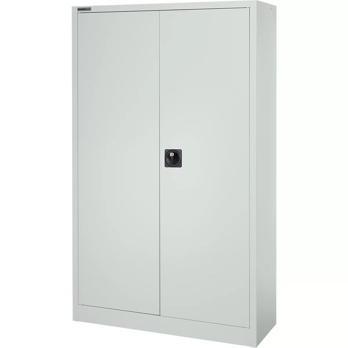 Een witte archiefkast met twee deuren en een zwarte handgreep.