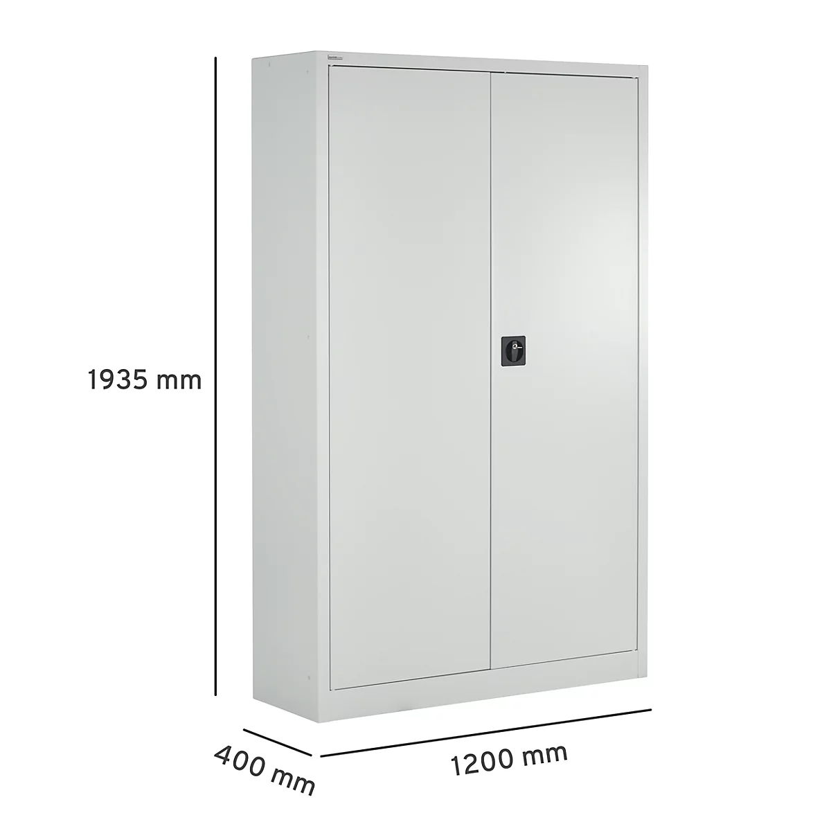 Grijze stalen kast op een witte achtergrond. Afmetingen: 1935 x 1200 x 400 mm. Zwarte handgreep, twee deuren.