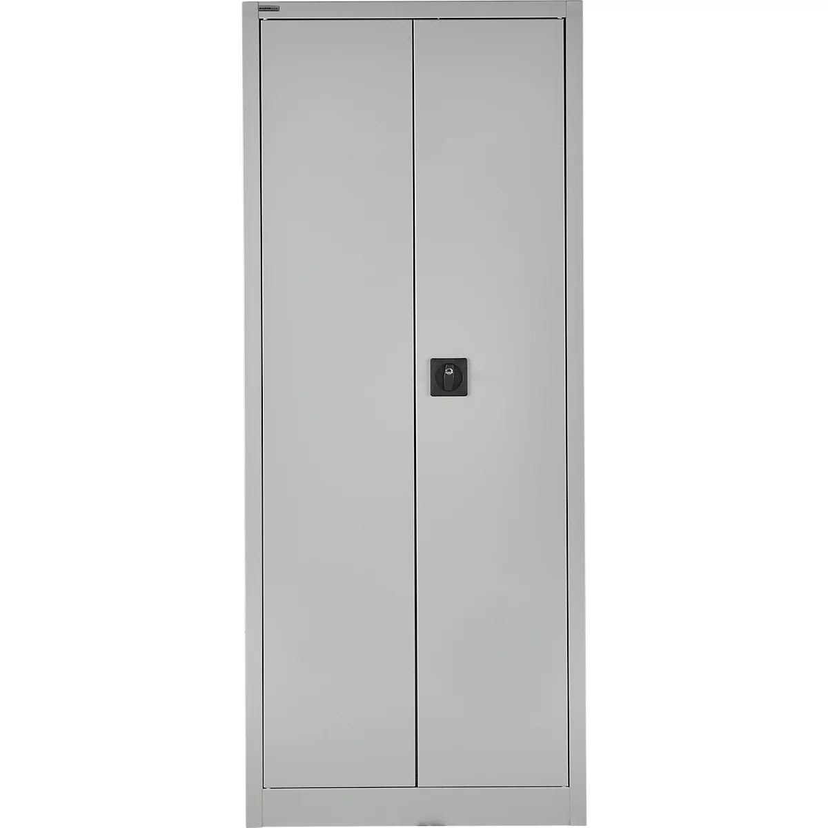 Een grijze kast met twee deuren tegen een witte achtergrond. In het midden zit een vierkante handgreep.