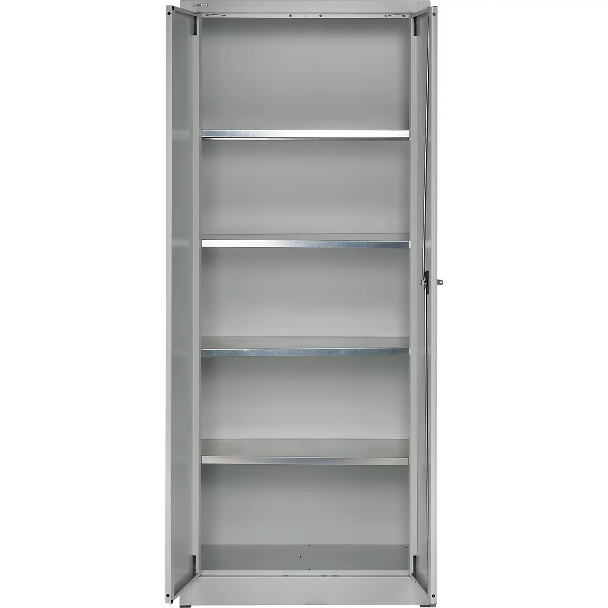 Grijze, open kast met vier planken. De deuren staan open.