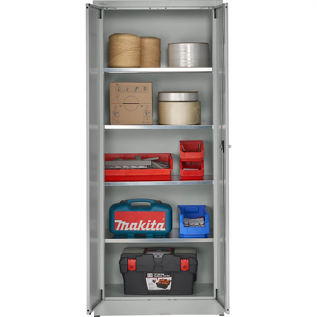 Grijze gereedschapskast met open deuren, gevuld met gereedschap en accessoires. Inclusief Makita gereedschapskoffer.