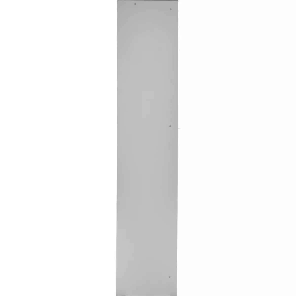 Smalle, lichtgrijze deur met vier kleine, donkere stippen.
