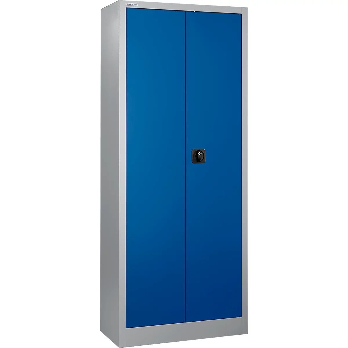 Kast met blauwe dubbele deur en zilveren frame, zwarte handgreep.