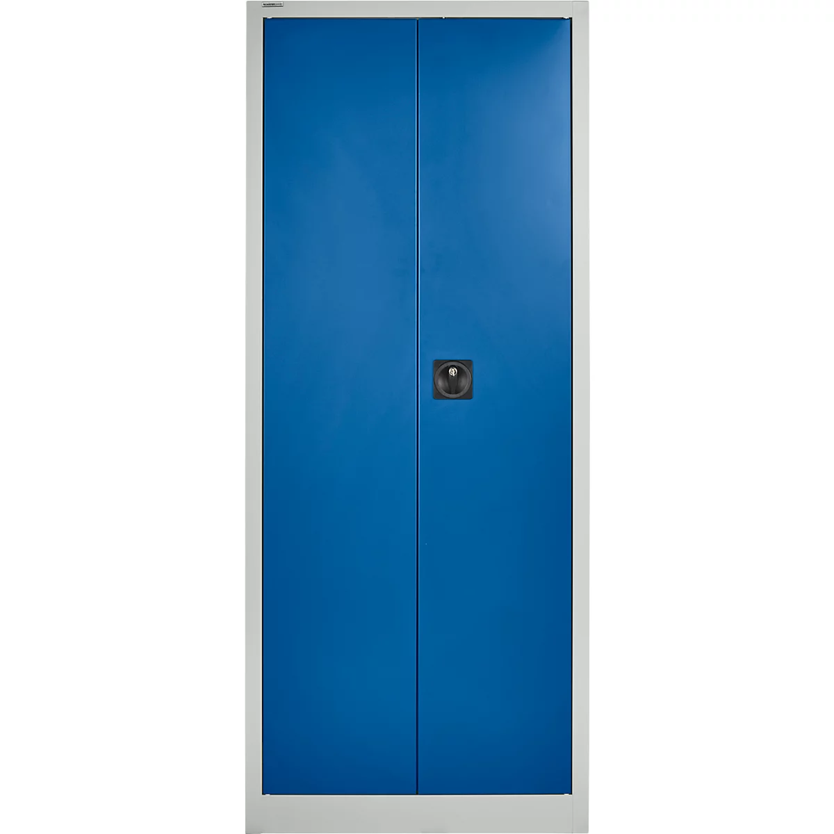 Blau stalen kast met twee deuren. De handgreep bevindt zich in het midden, zilveren frame.