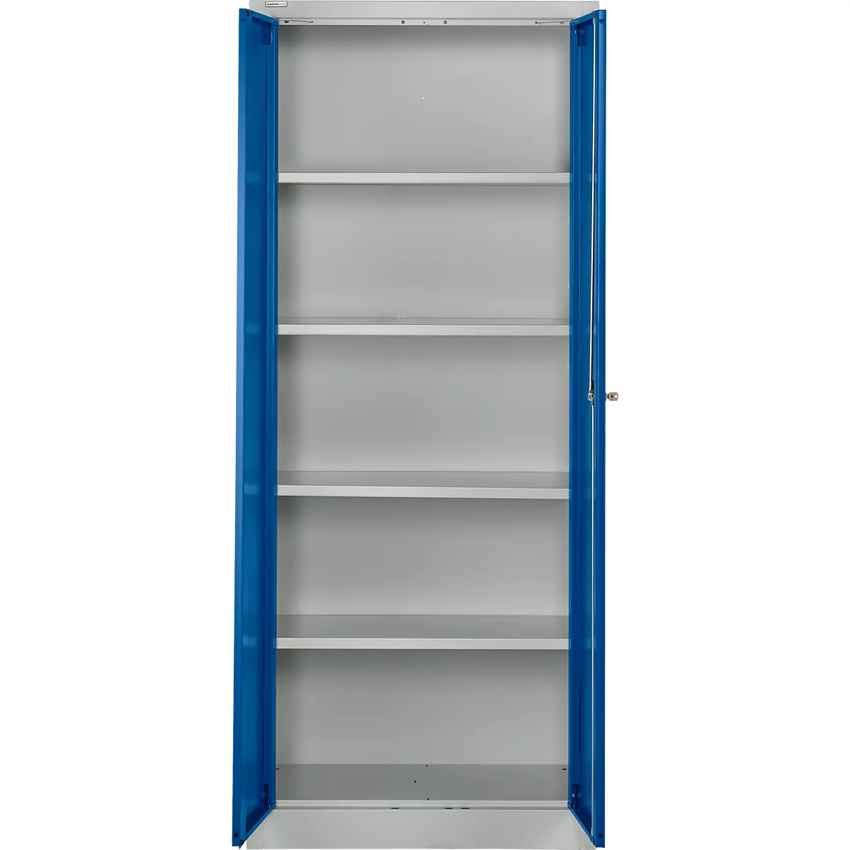 Open, blauwe stalen kast. Witte binnenkant met vier planken. Deuren open, kast leeg.