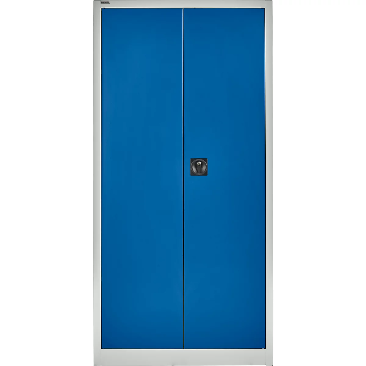 Blauwe kast met twee deuren en een zwarte handgreep. Omlijst door een wit frame.