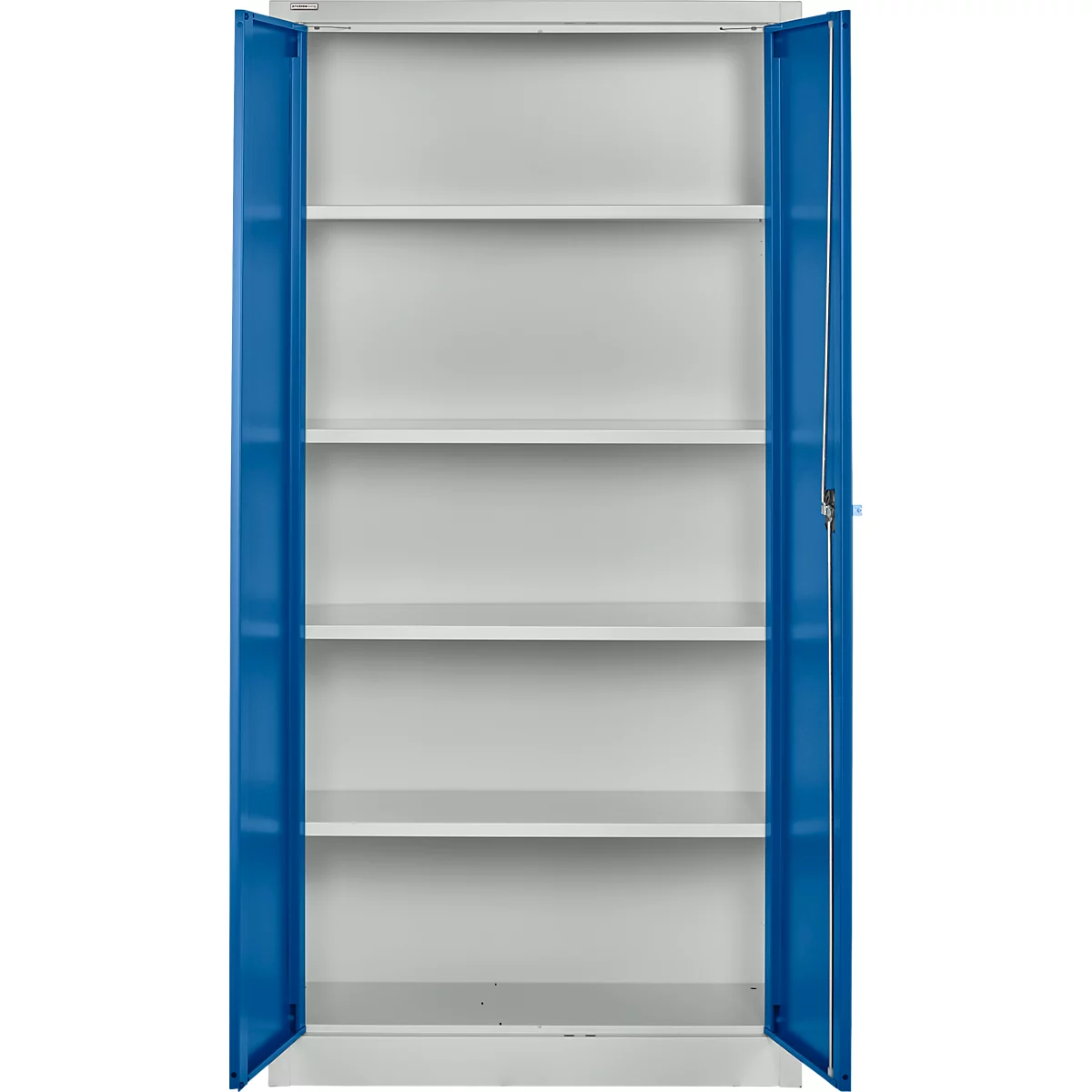 Open stalen kast met blauwe deuren en witte planken. Bekijk de binnenkant van de lege kast.