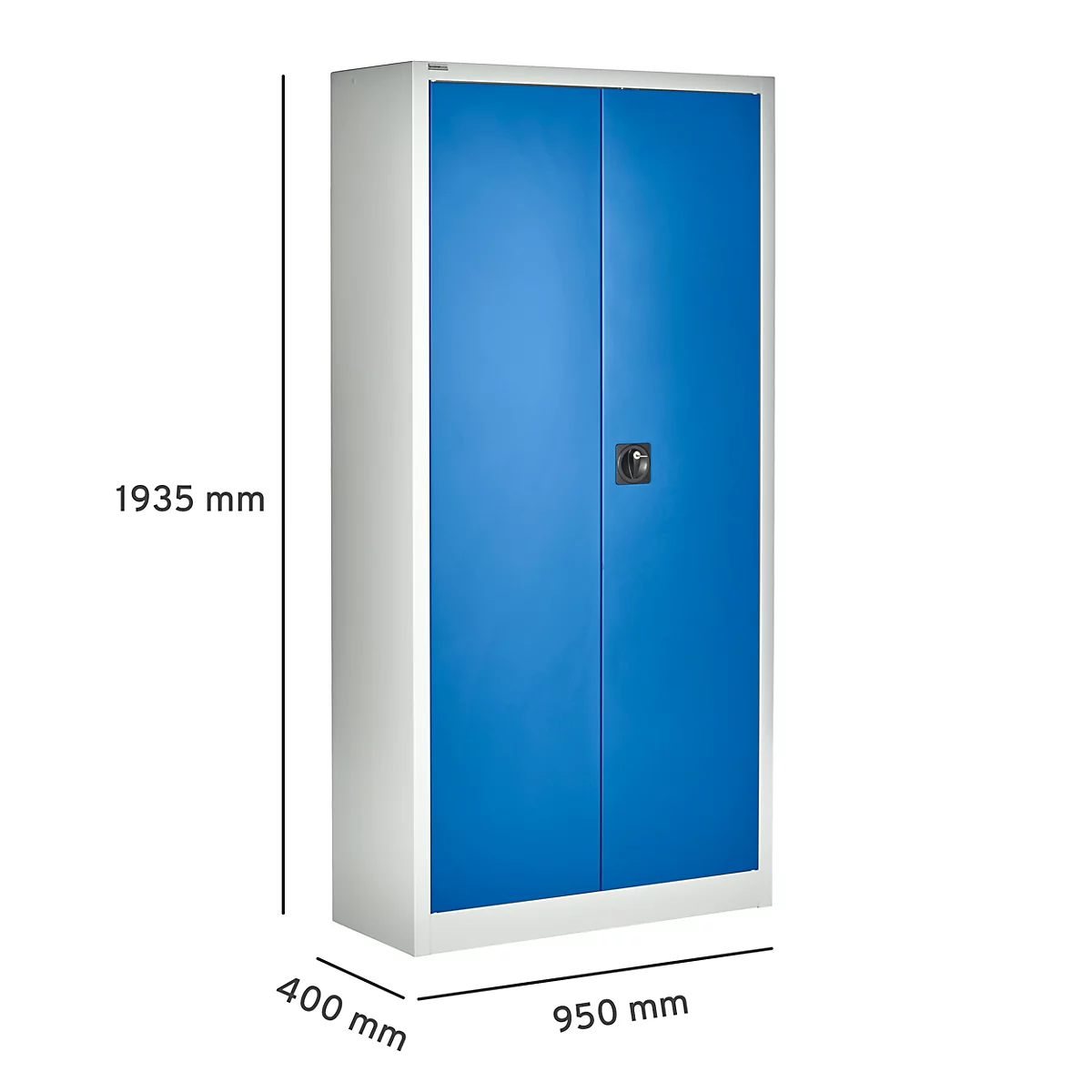 Blau stalen kast, afmetingen: 1935 x 950 x 400 mm, tegen witte achtergrond.