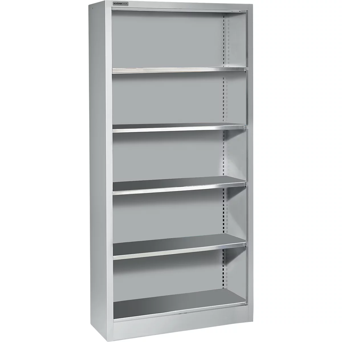 Een grijs, open rek met vijf planken, tegen een witte achtergrond.