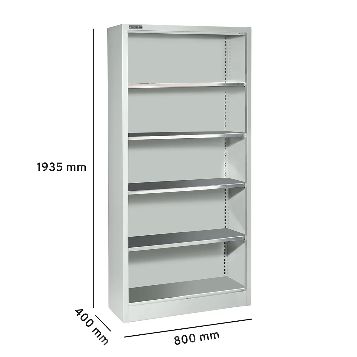 Grijze archiefkast met zes planken. Afmetingen: 1935 mm hoog, 800 mm breed, 400 mm diep.