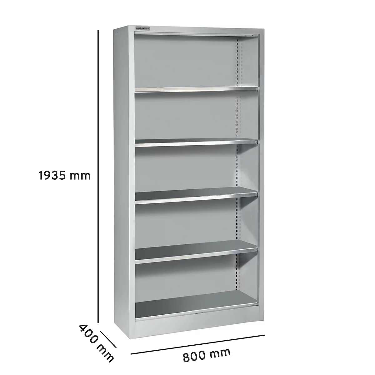 Grijze metalen boekenkast met 5 planken, afmetingen: 1935 x 800 x 400 mm.