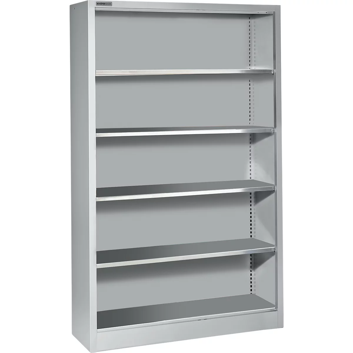 Grijze metalen plank met vijf opbergoppervlakken, lege planken. De plank staat voor een neutrale achtergrond.