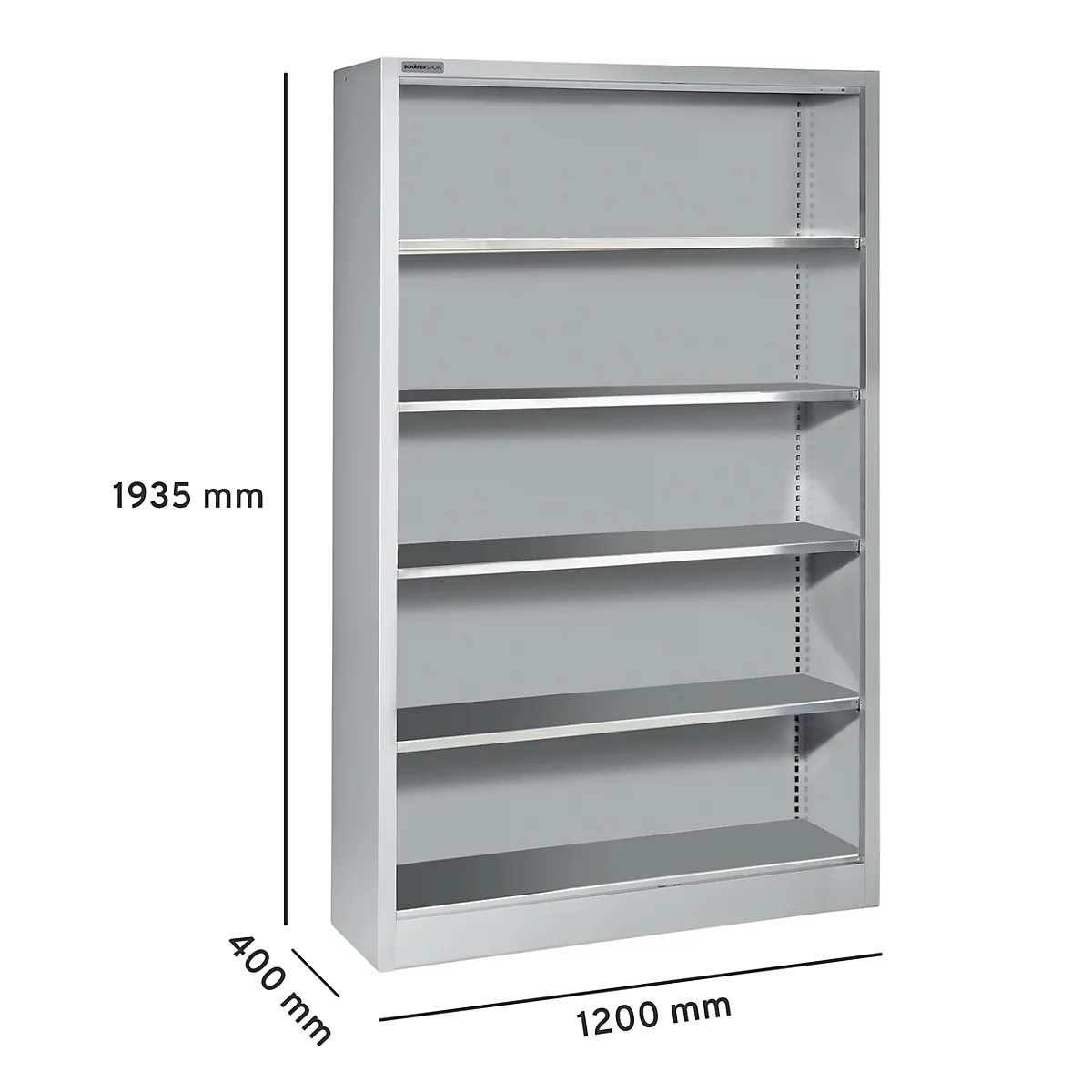 Grijze metalen archiefkast met vijf planken. Afmetingen: 1935 mm hoog, 1200 mm breed, 400 mm diep.
