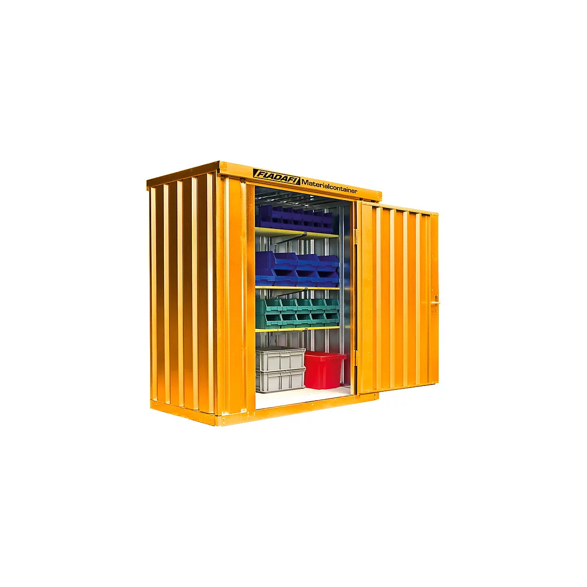 Yellow material container with an open door, filled with blue, green, and grey storage boxes. Text: Fladafi Materialcontainer.