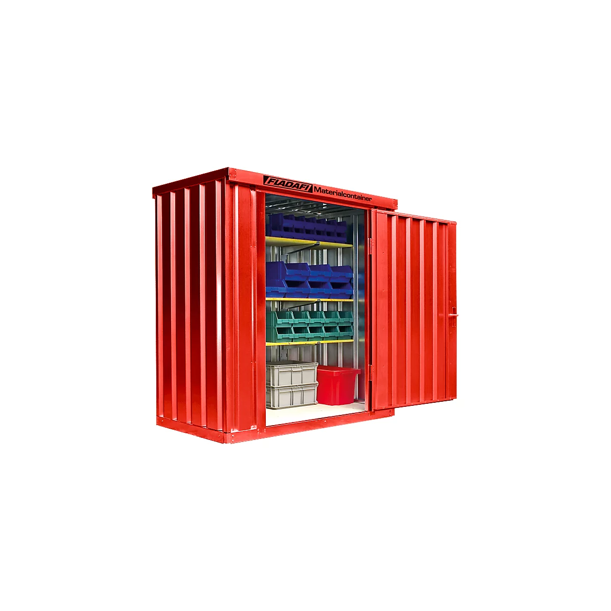 Red material container with open door, filled with blue, green and gray containers. "FLADAFI Materialcontainer" is written on the container.