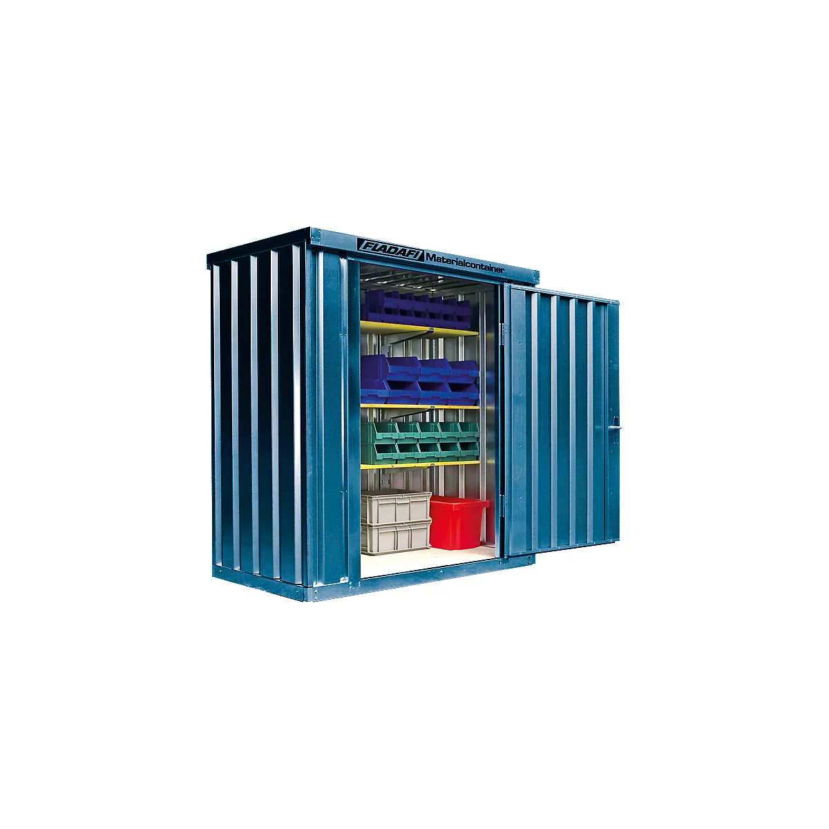 Blue material container with open door, filled with crates, drawers and shelves. Label: Fladifi Materialcontainer.