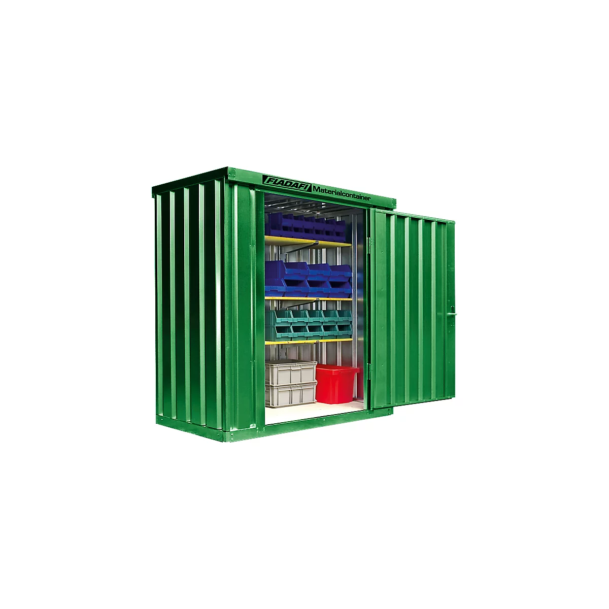 Green material container with open doors, filled with shelves and bins in blue, green and grey. Label: Fladafi Materialcontainer.