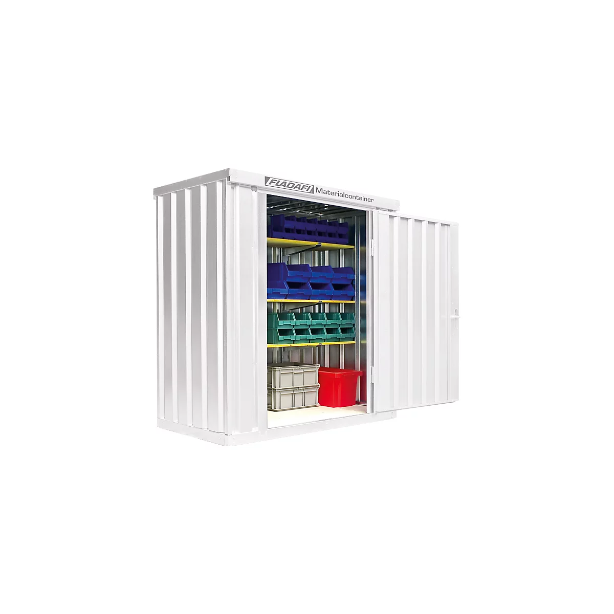 White material container, door open. Blue, green and grey containers on shelves.