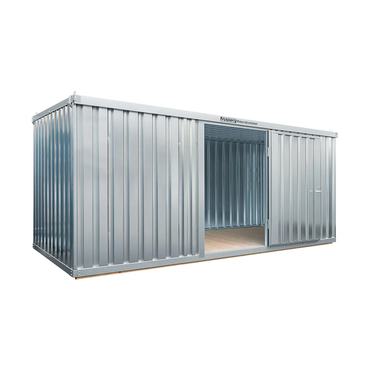 A silver storage container with open doors. The floor is wood-colored, the sides are corrugated.