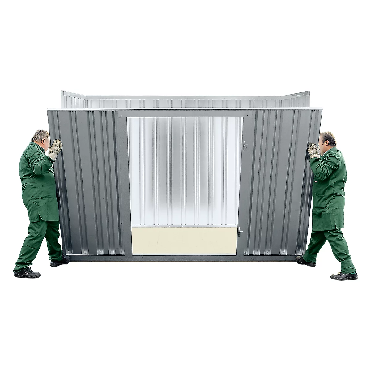 Two workers assembling a metal cabin. They wear green overalls and hold the walls.
