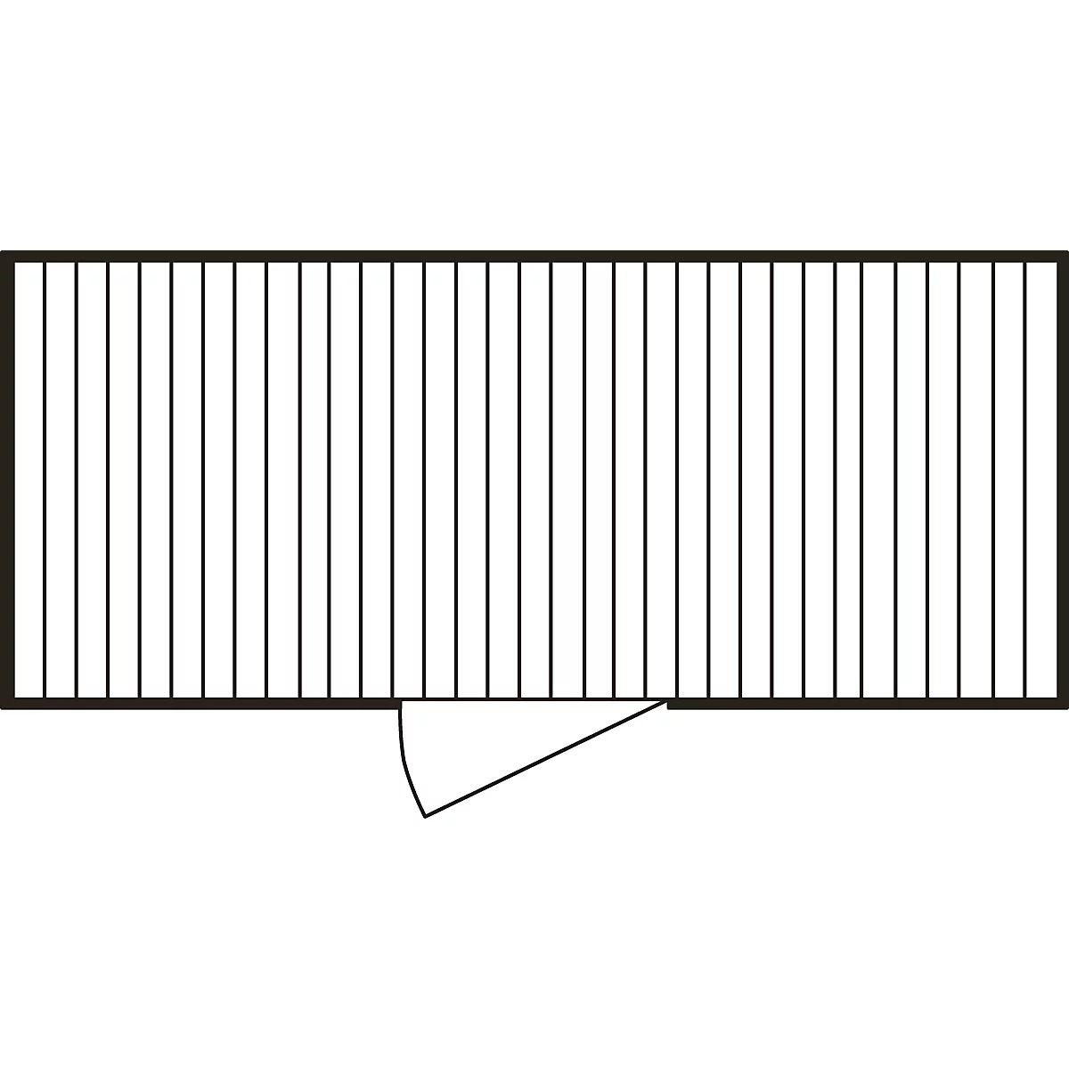 Top view of a facade with vertical, black lines and an indicated arc at the bottom.