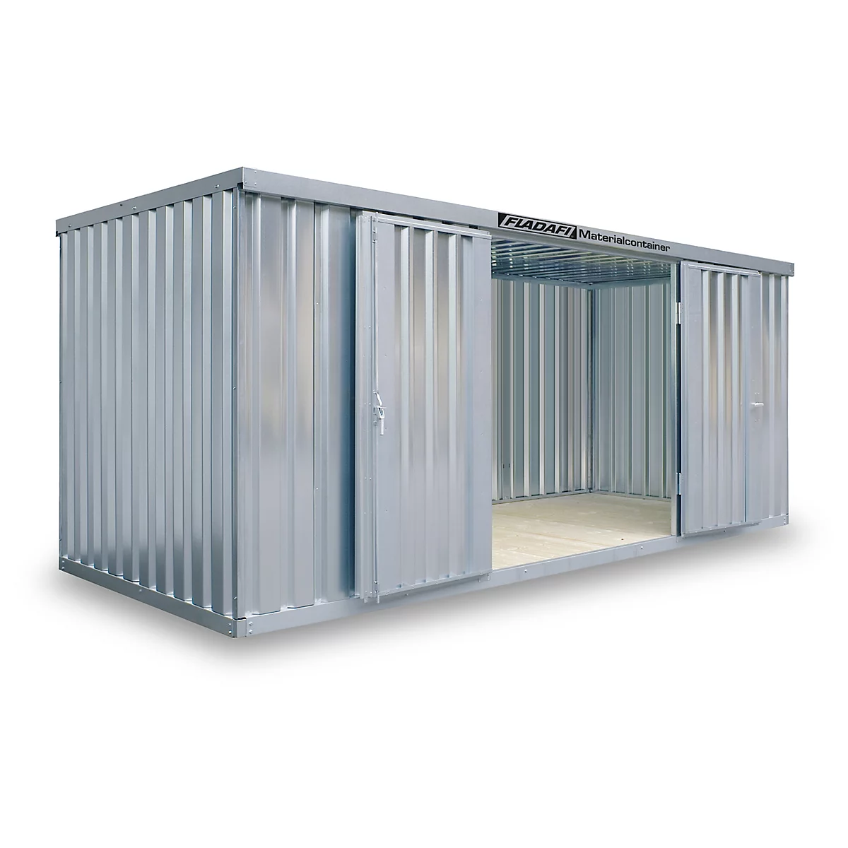 Gray metal container with open doors, interior visible.