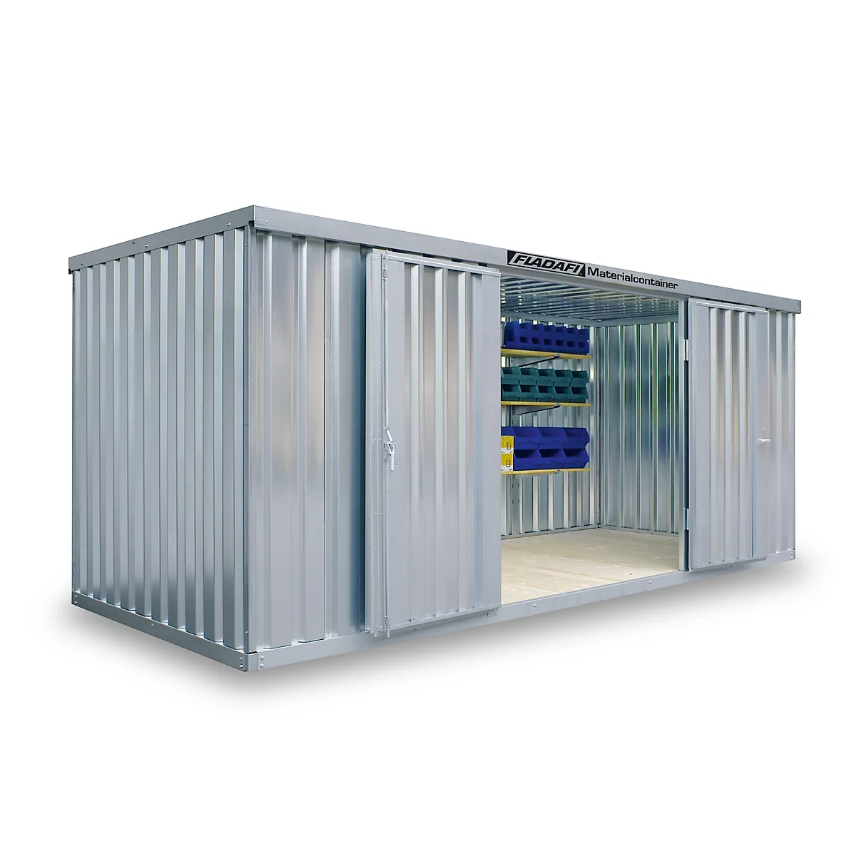 Spacious, silver storage container with open double doors. Inside, shelves with crates, product name 'FLADAF'.