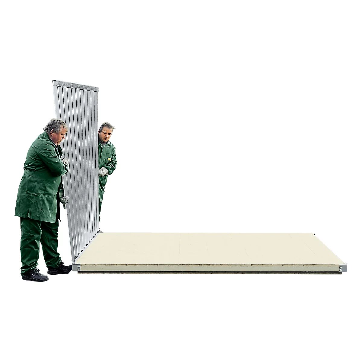 Two men in green overalls are installing a large panel on a white wall.