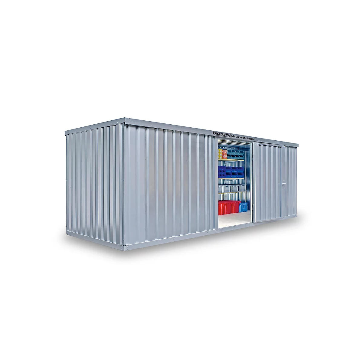 Grey metal equipment shed with sliding doors, partially open. Inside, shelves with tools. On a light background.