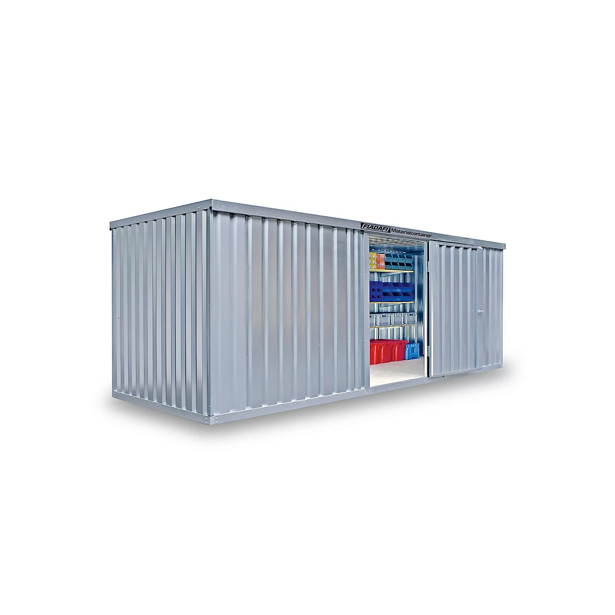 Grey metal shed with open door. Shelves with colorful containers inside. Exterior walls with vertical grooves.