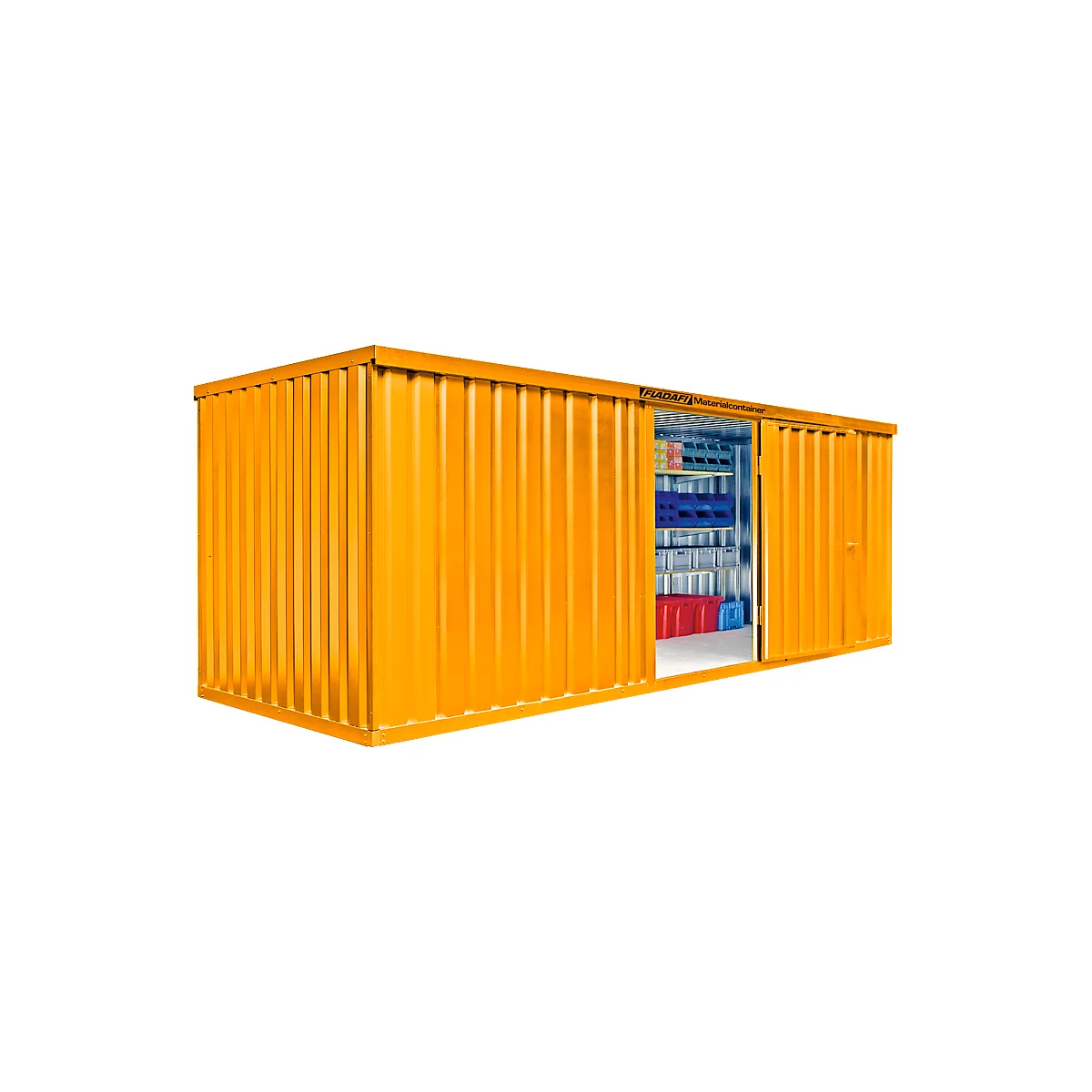 Yellow storage container with sliding door, open. Inside shelves and boxes.