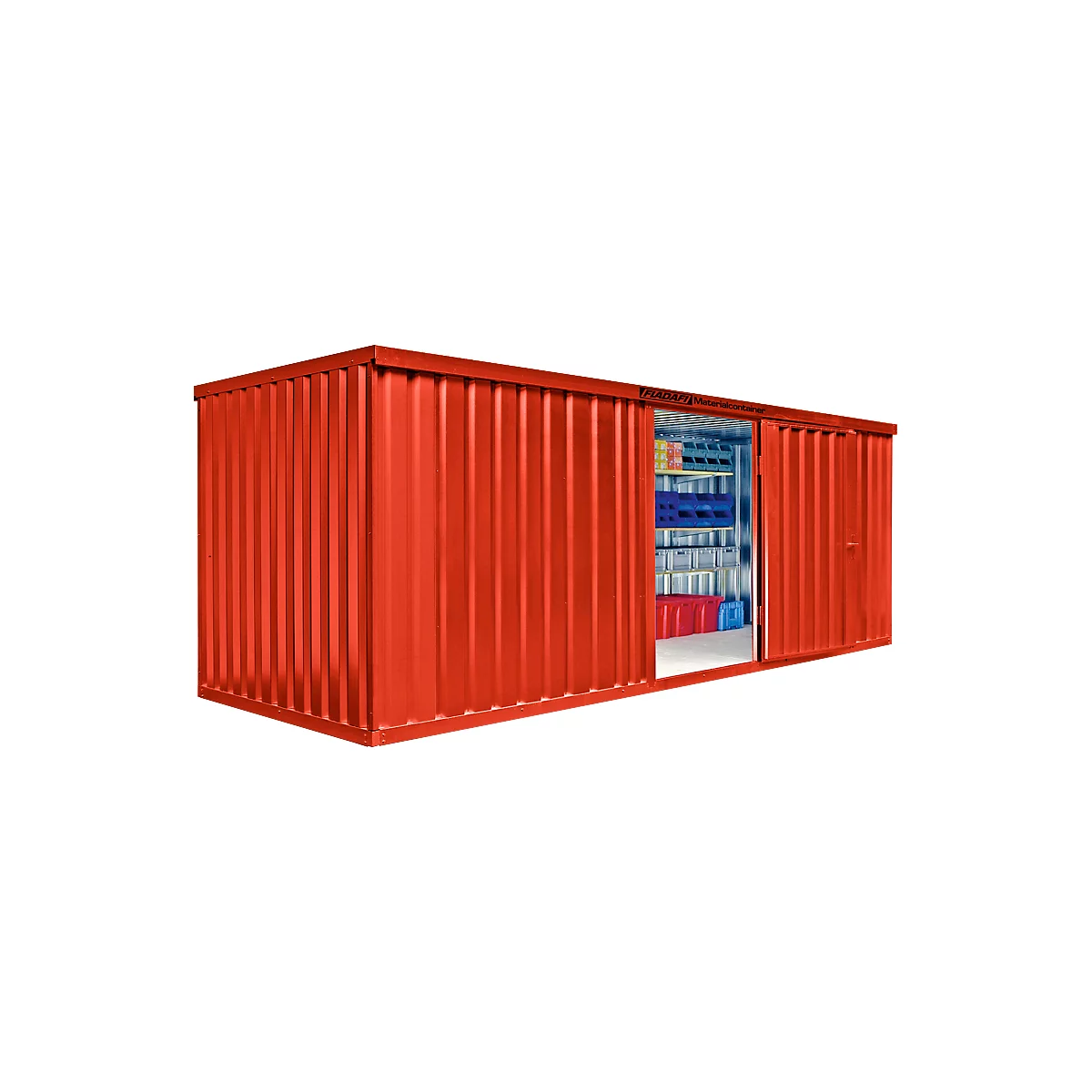 Red storage container with sliding doors, partially open. Inside, shelves with boxes and tools. Inscription 'RAUM²'.