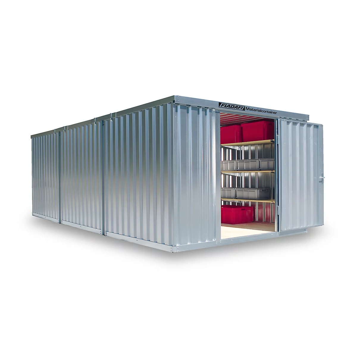 A silver storage box with open doors. Inside are shelves with red boxes.