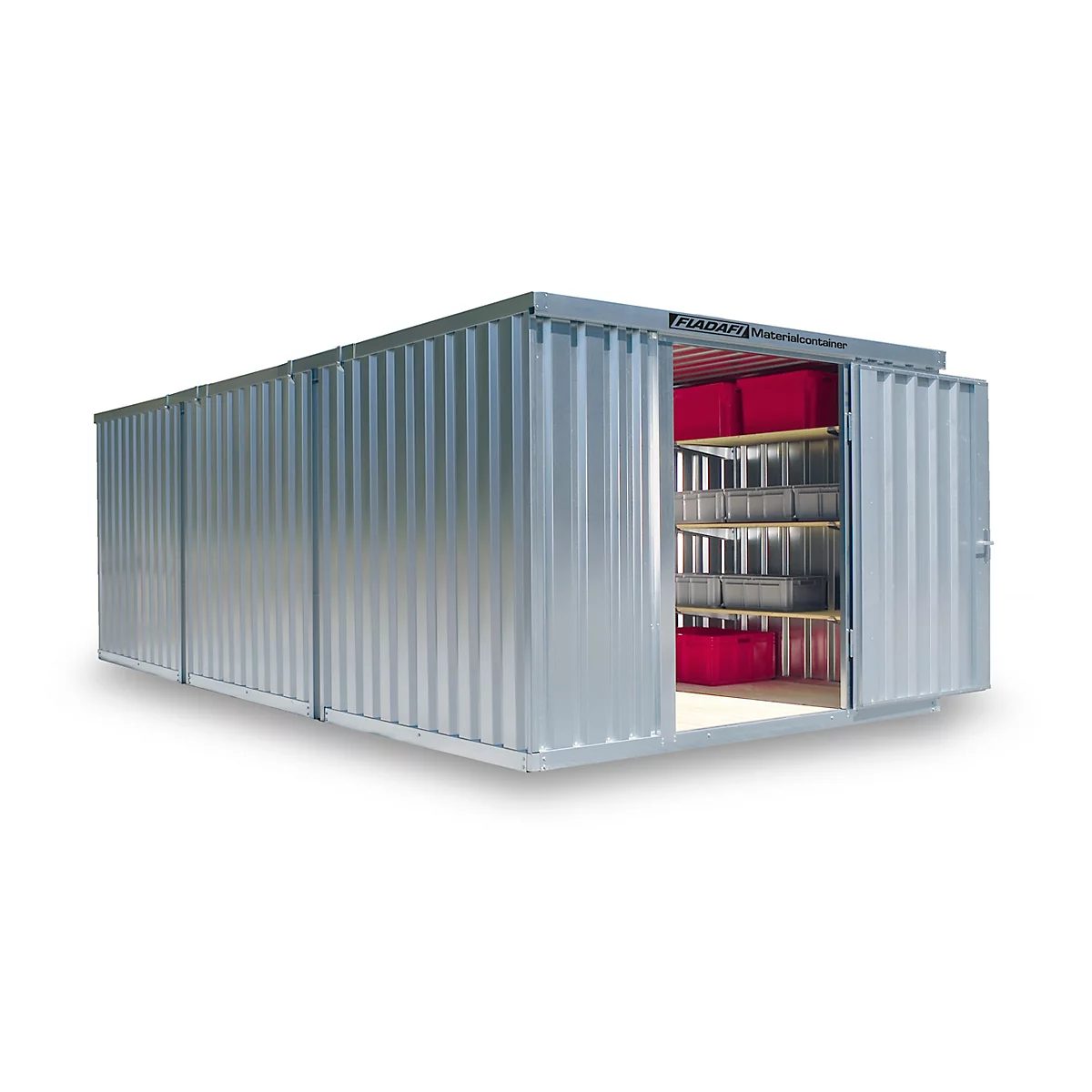 Large, silver storage container with open doors. Inside: shelves with red boxes.