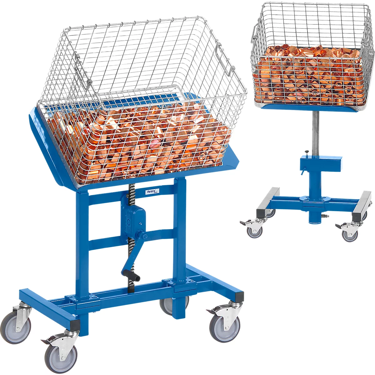 Two blue goods lifts with wire baskets. The baskets are filled with pieces of wood. One basket is tilted, the other is straight.