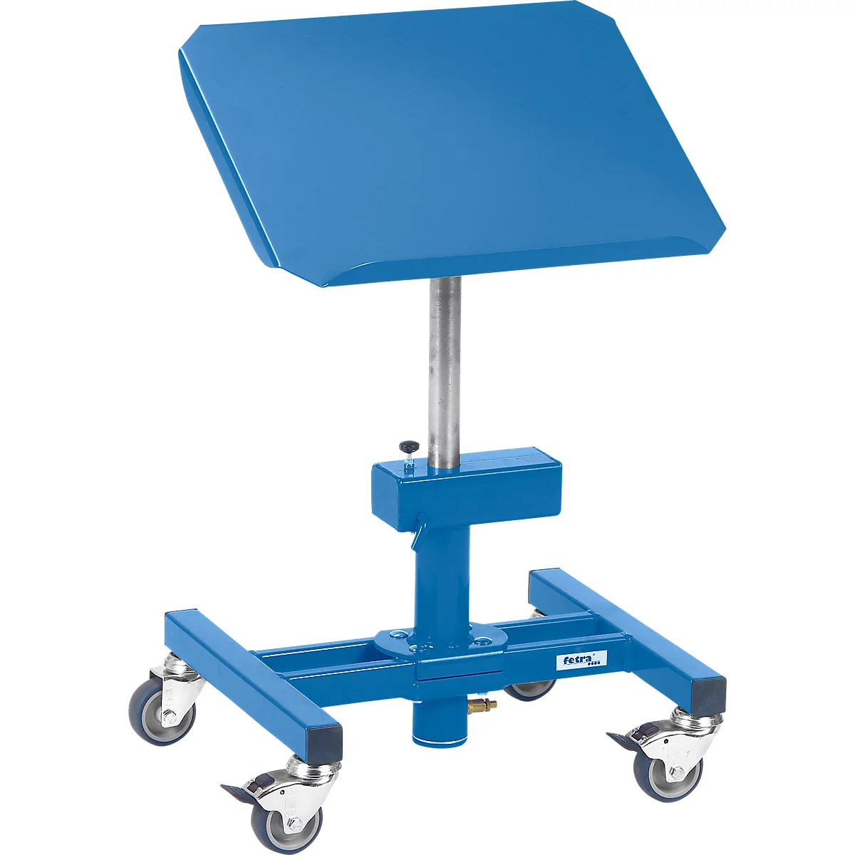 Blue adjustable podium with wheels for tools. The inclined support surface is rectangular.