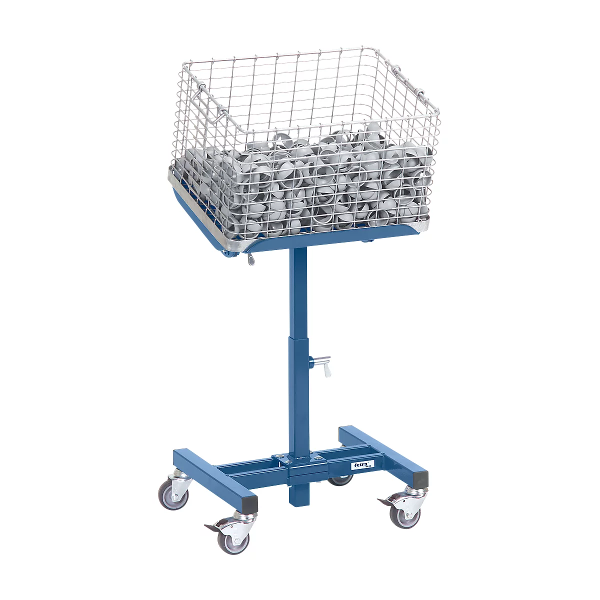 Blue rolling basket filled with tennis balls. Wire basket on an adjustable blue stand with castors.
