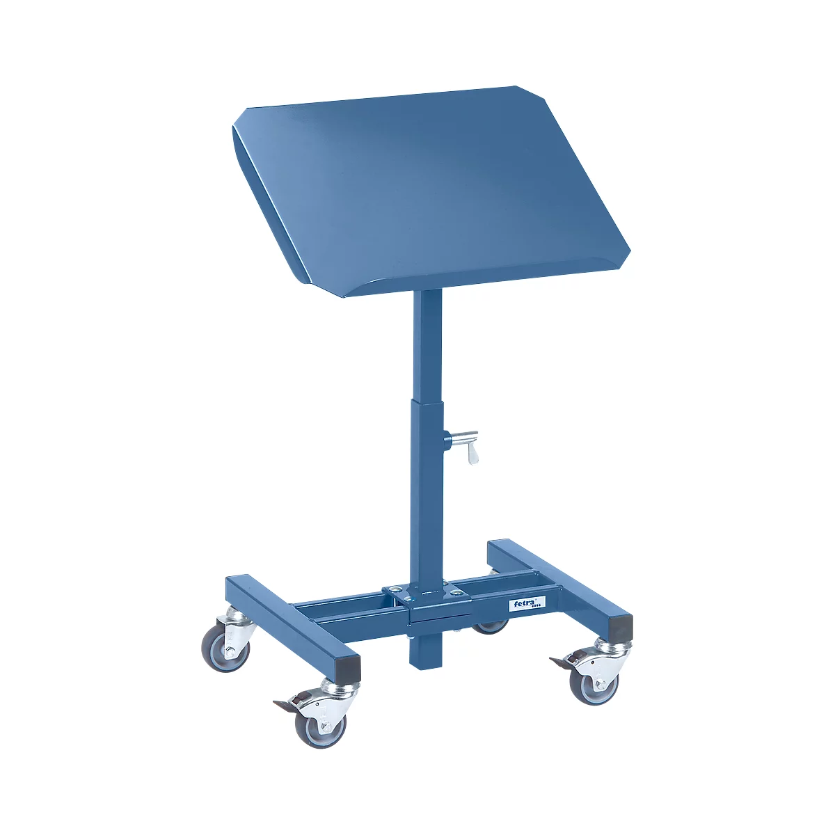 Blue, height-adjustable music stand trolley with wheels.