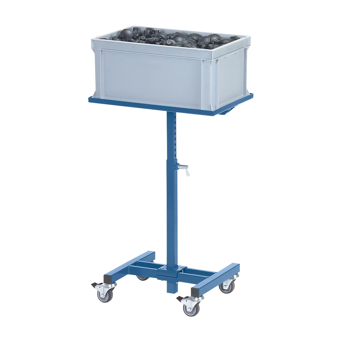 Blue, height-adjustable lifting platform with gray box, filled with dark parts, on castors.