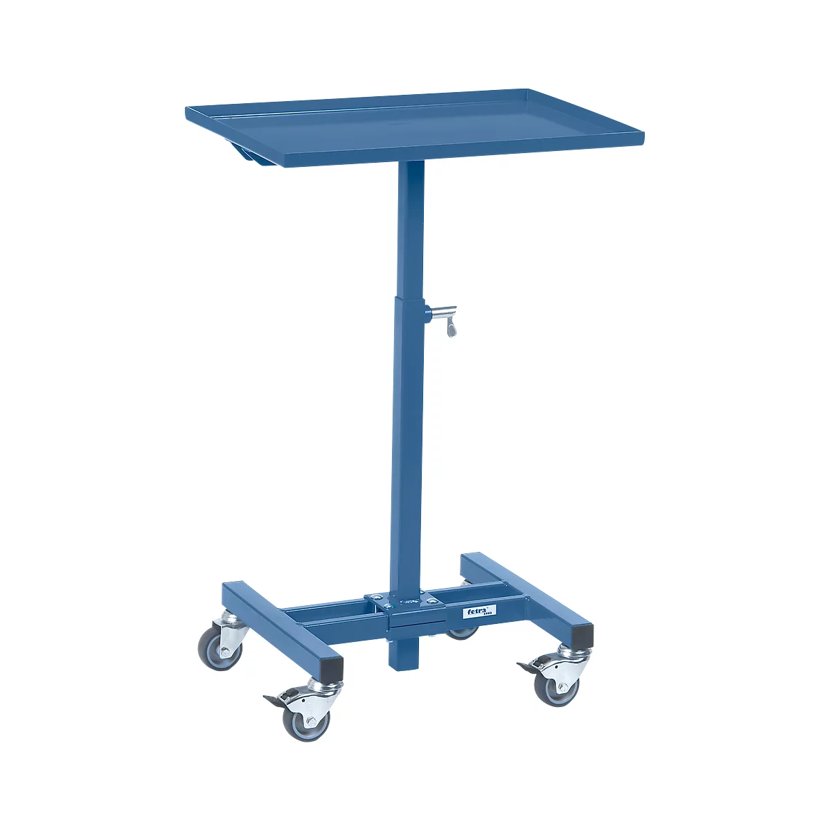 Blue serving cart with wheels and adjustable shelf.