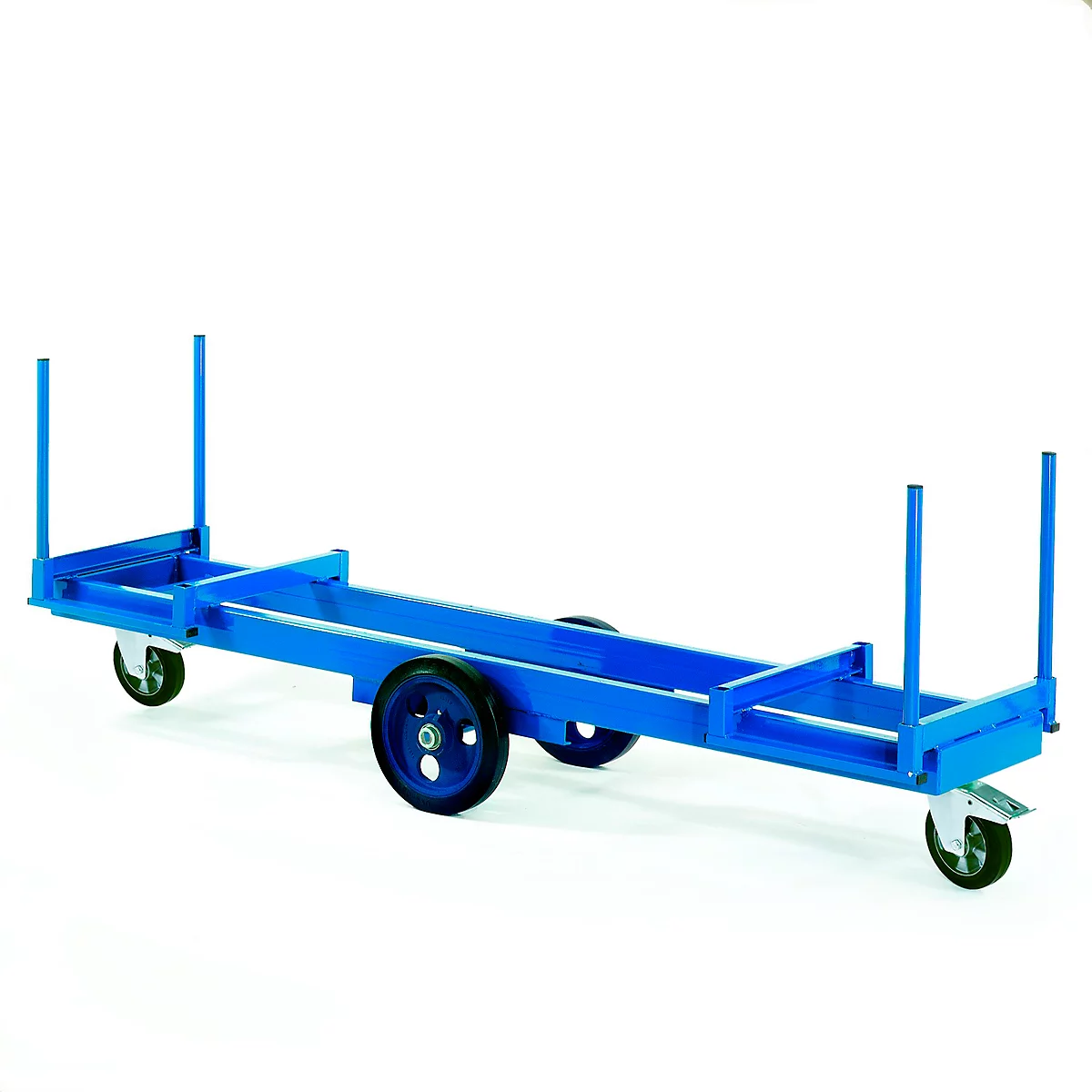 A blue transport frame with wheels, standing on a white background.